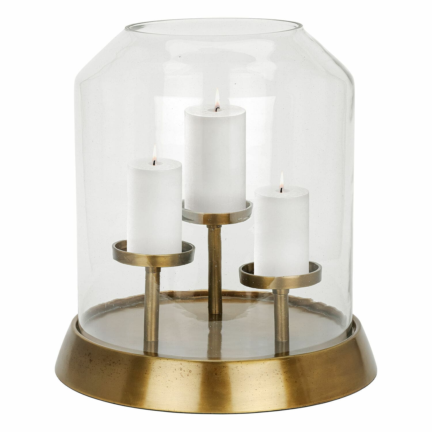 Windlicht Vemesto Glas-Kerzenhalter mit Messingbasis und drei weißen Kerzen, stilvolle Wohnraumdekoration