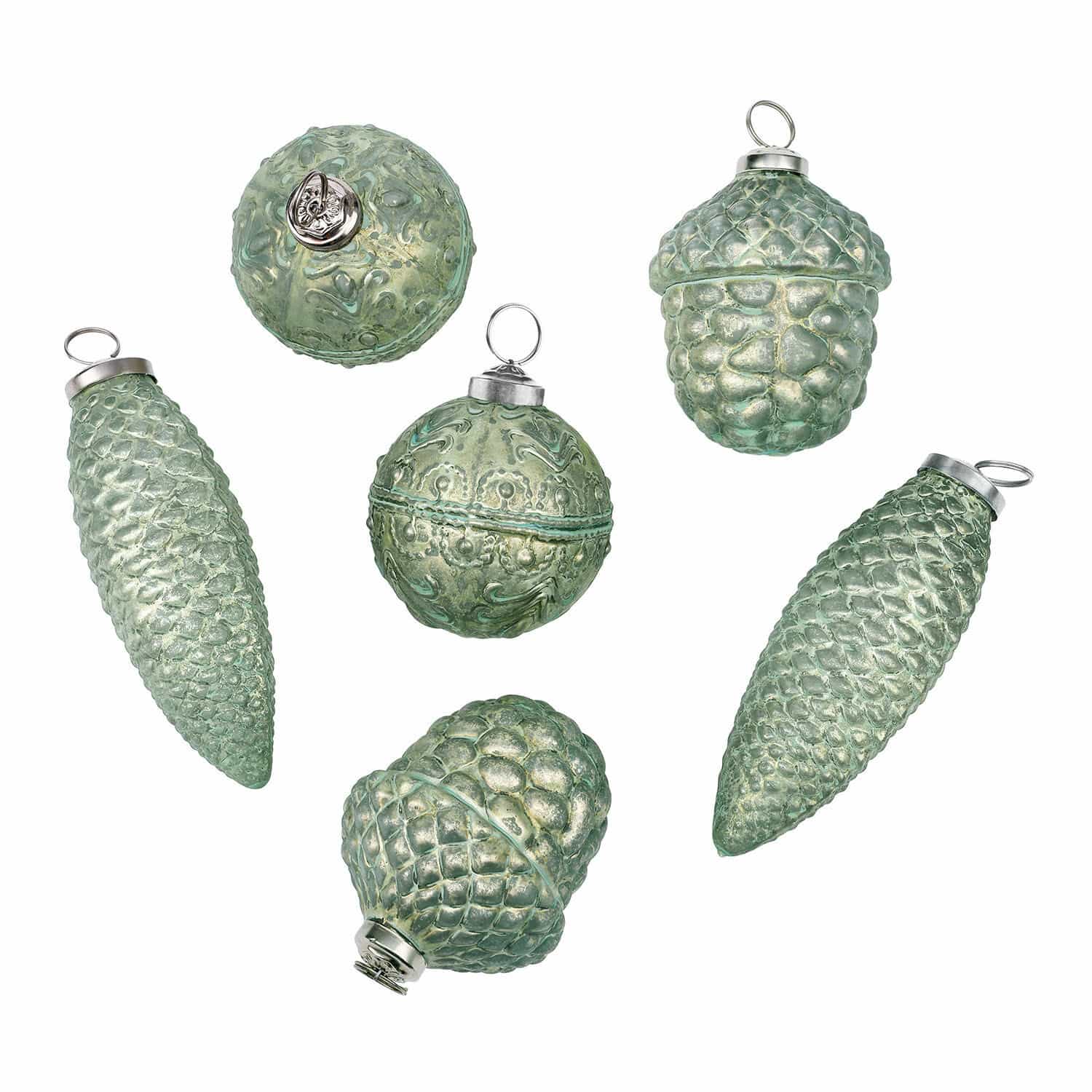 grün/silber 6-teiliges Set grüner und silberner Weihnachtsschmuck aus Glas mit Zapfenmotiven