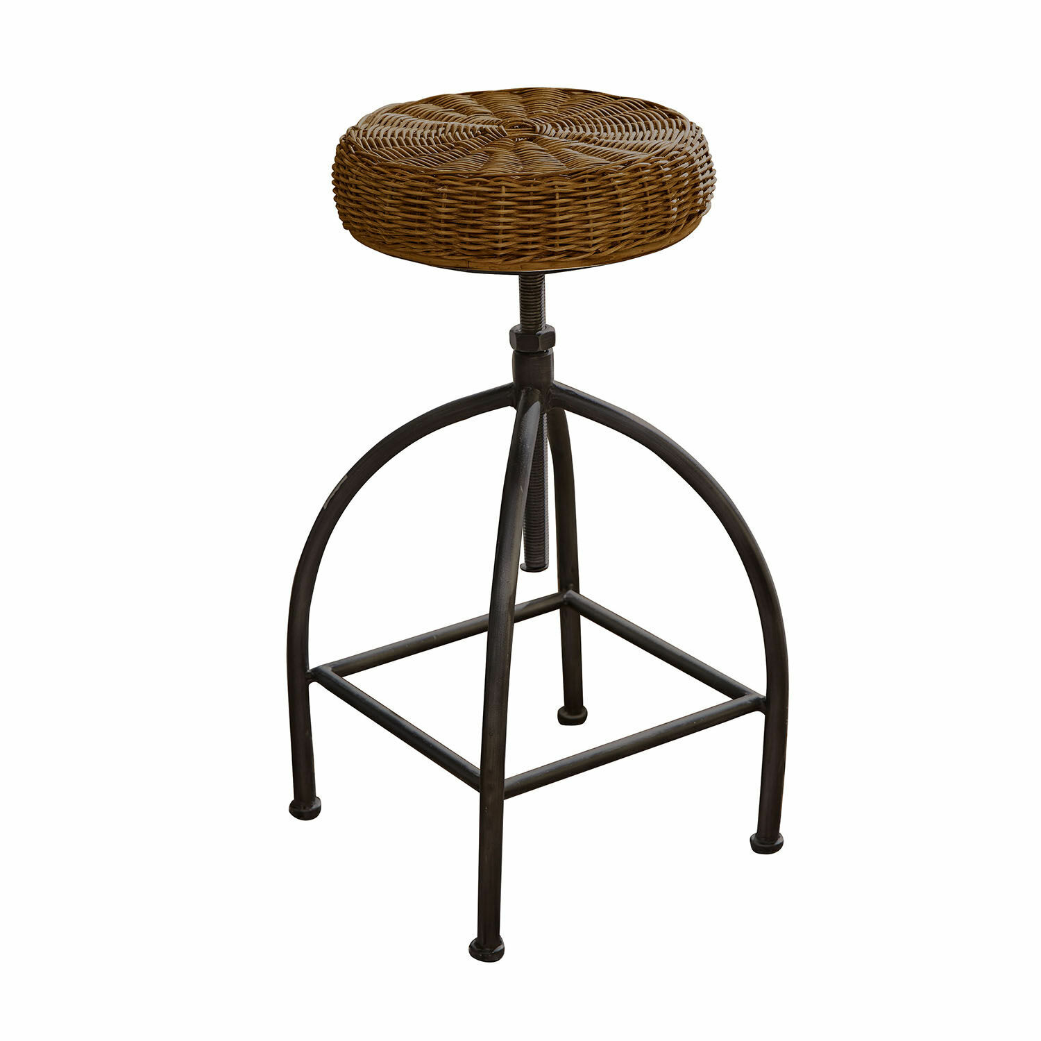 Barhocker mit Metallgestell und rundem Sitz aus braunem Rattan
