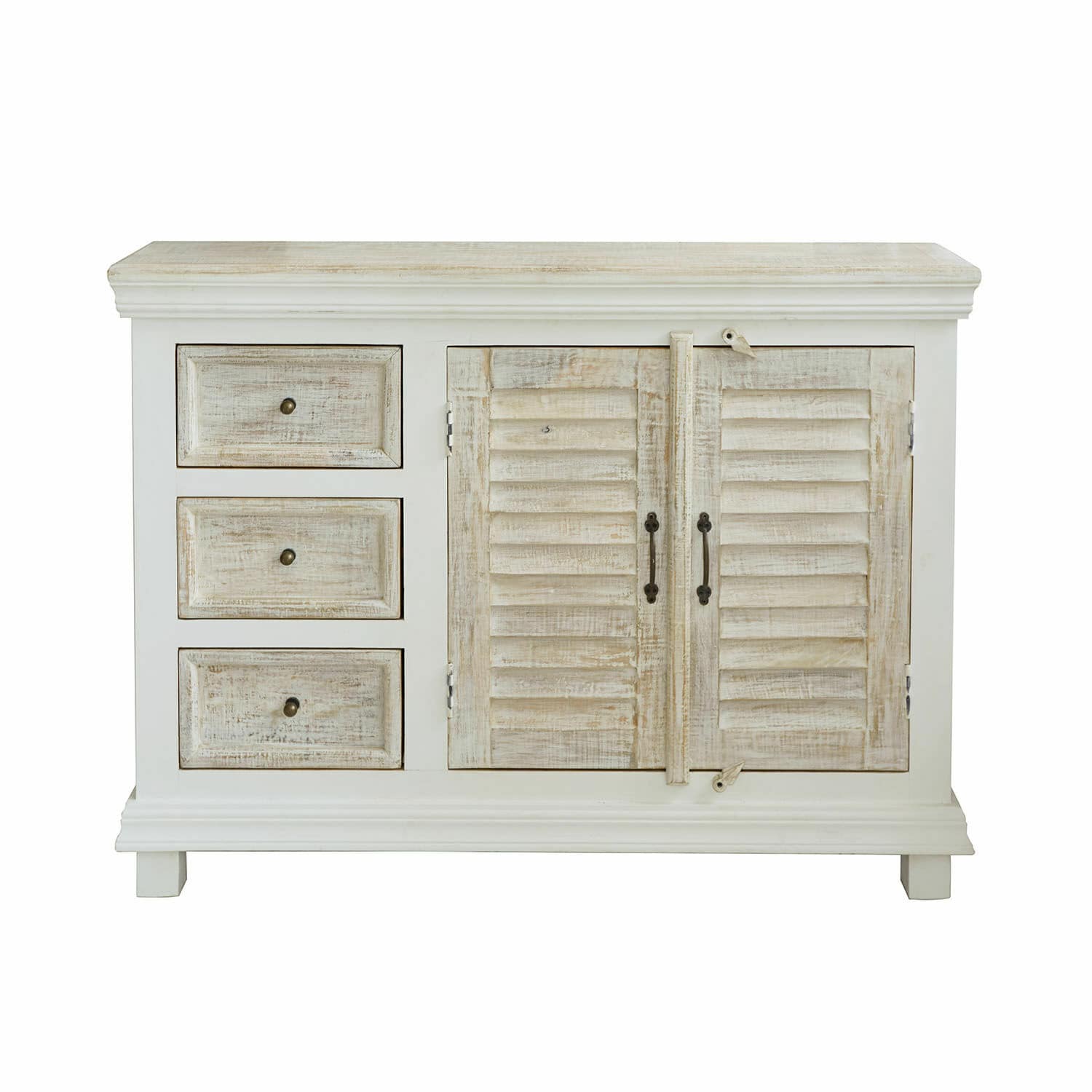 Kommode Nevellique Kommode aus Holz in Weiß mit Shabby-Chic-Finish, drei Schubladen und zweiflügeligem Schrank