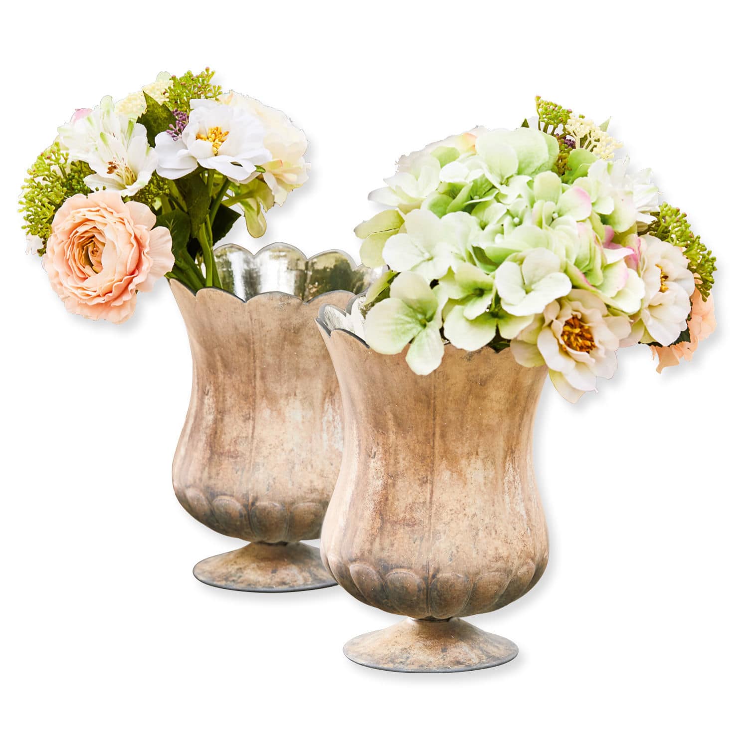 Vase 2er Set Wilgard Zwei dekorative Metallvasen in antikgold mit künstlichen Blumenarrangements für Wohnraumdeko