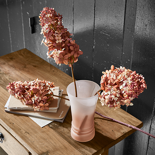 Getrocknete rosa Hortensienblüten in mattierter Glasvase auf Holztisch, Wohnraumdekoration