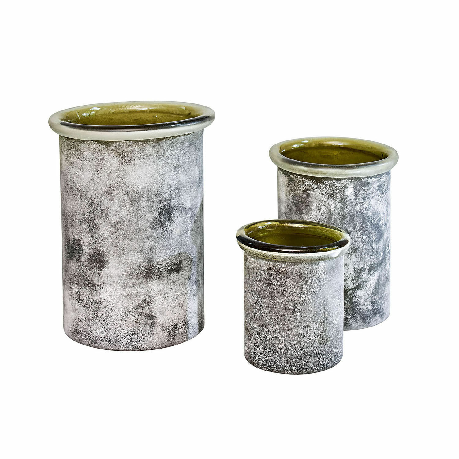 Windlicht 3er Set Iskira Set aus drei grauen Keramikvasen mit matter Oberfläche und glänzendem olivgrünem Innenrand