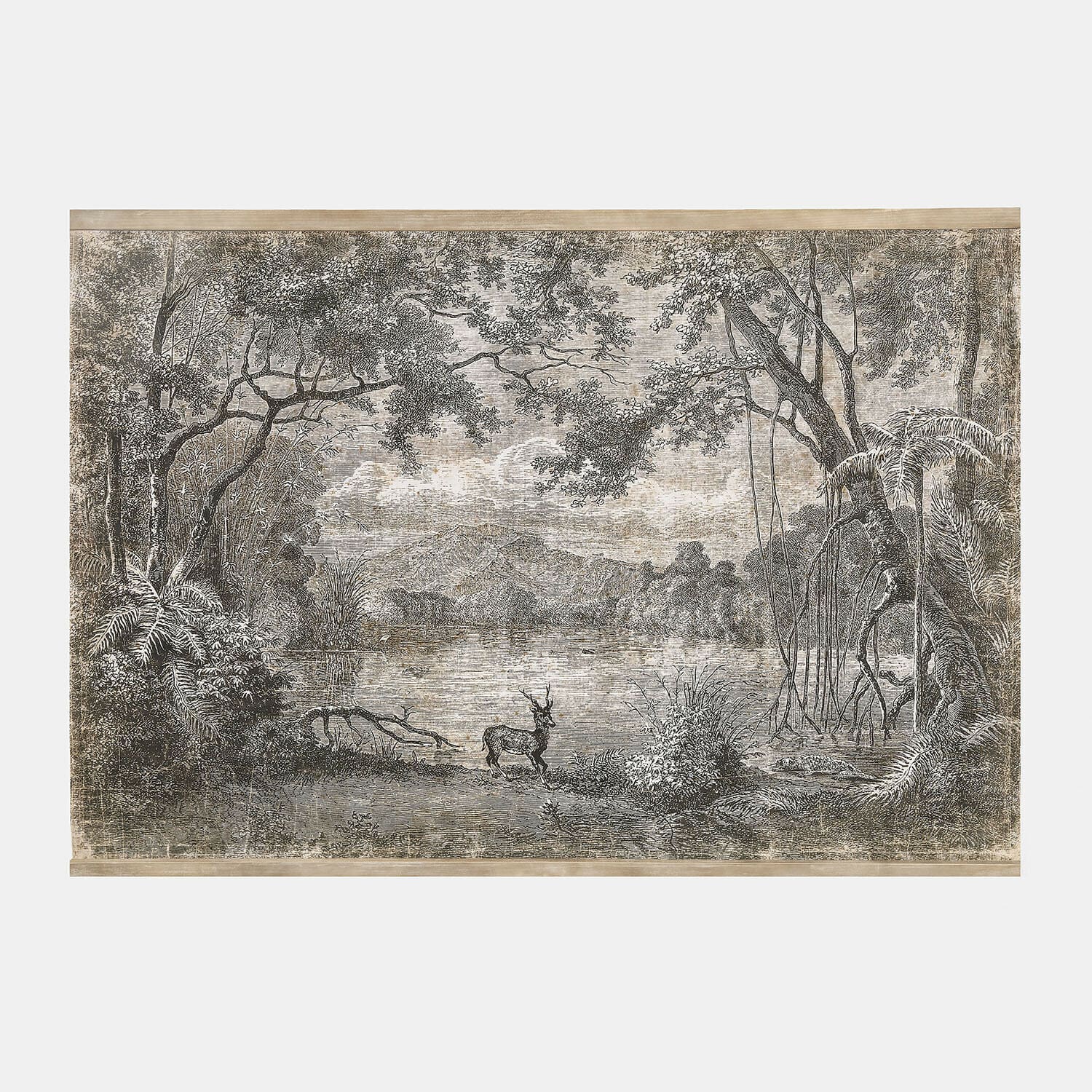 Bild Cressley Schwarz-weißer Druck mit Hirsch am Seeufer in Waldlandschaft mit Bäumen und Bergen im Hintergrund