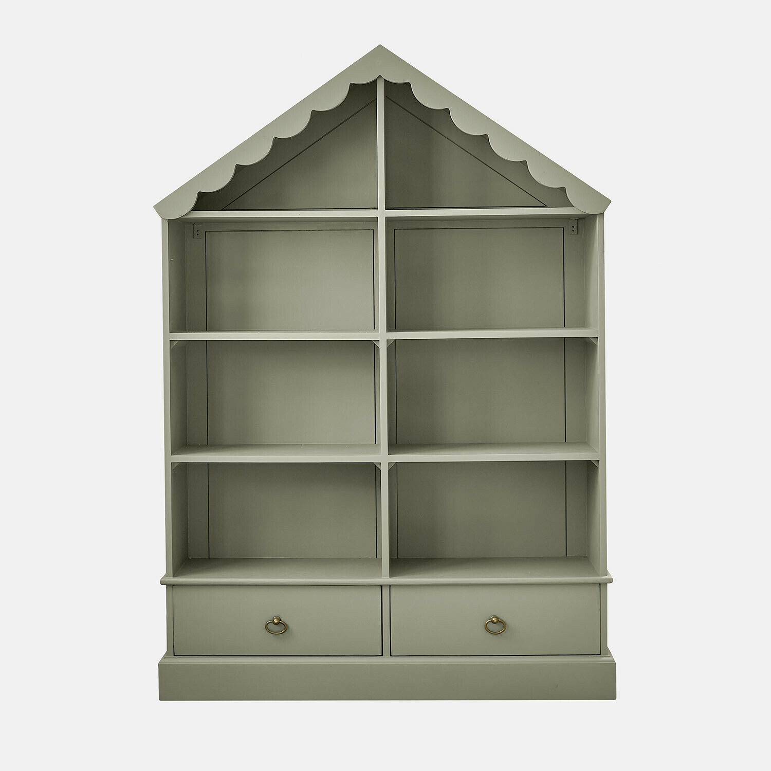 Grünes Holzregal Vaurillon mit zwei Schubladen und dekorativem Dach, praktisches Aufbewahrungsmöbel