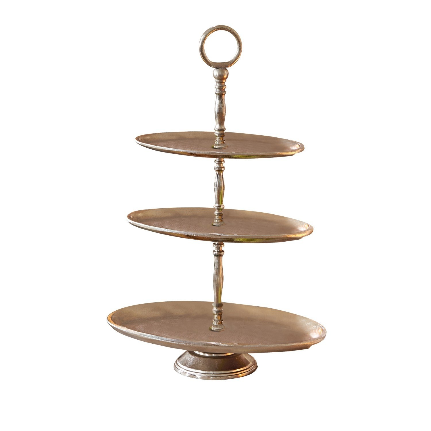 Dreistöckige Etagere aus Metall in Messingfarbe zum Servieren von Desserts und Snacks