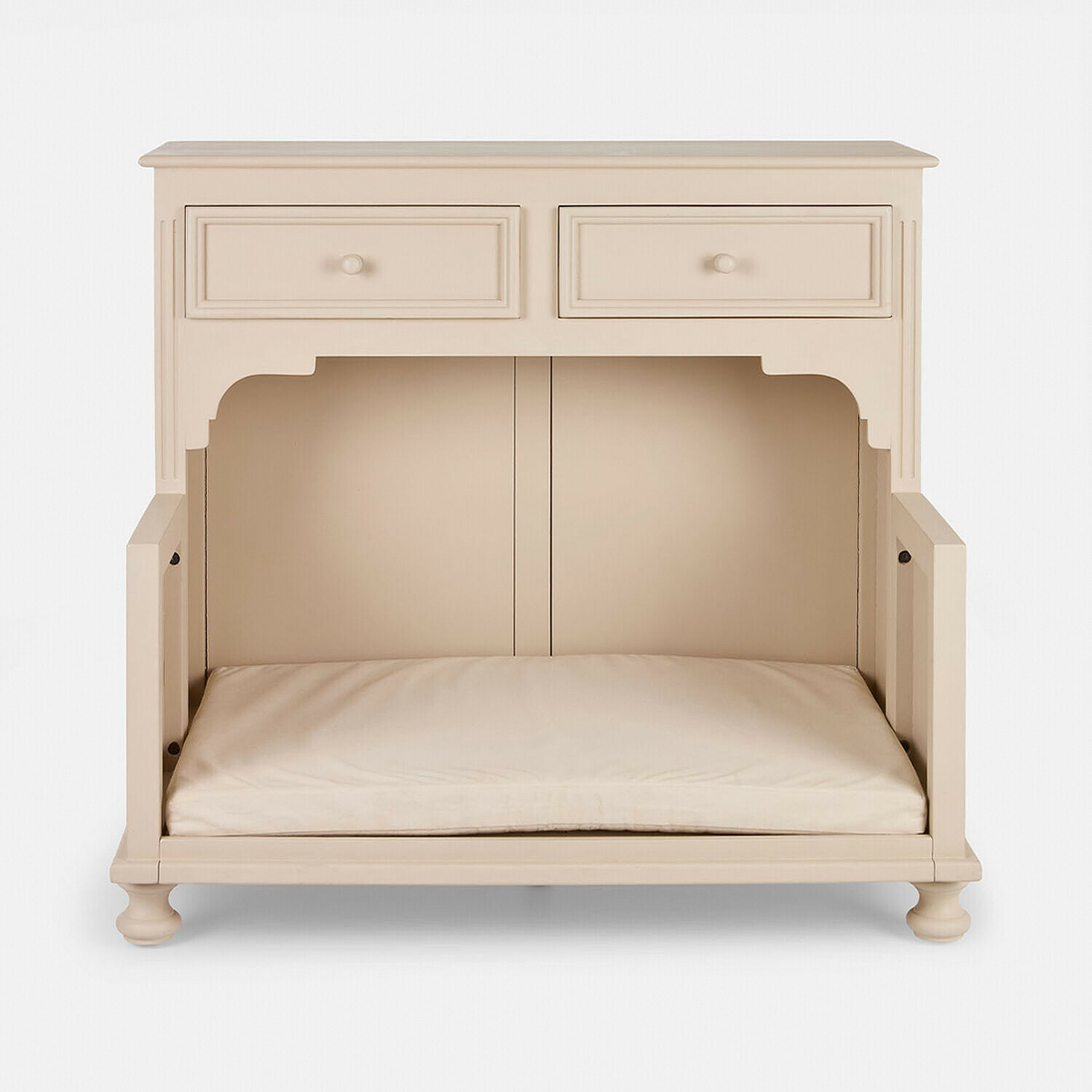 Beige lackierter Holzschrank mit Polster, zwei Schubladen und Sitzfläche, Wohnzimmermöbel