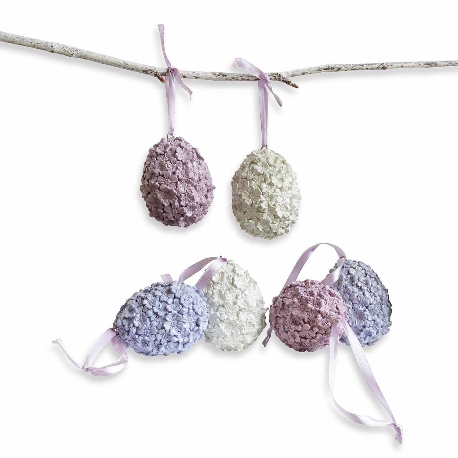 Osterei 6er Set Rigaud Dekorative Ostereier mit Blumenmuster in Pastellfarben und Bändern zum Aufhängen