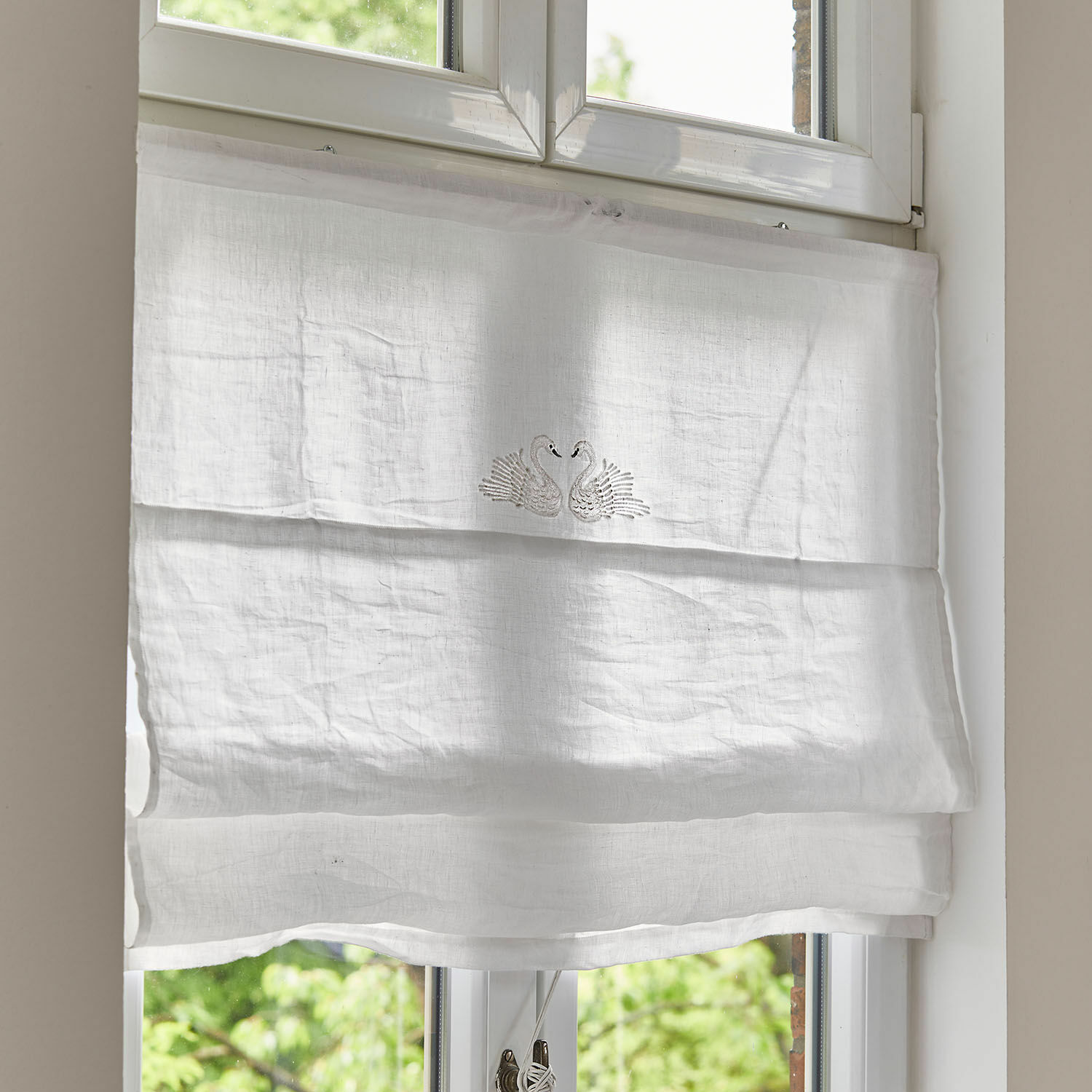 Raffrollo Rialuna Weiße Leinen-Rollo mit gestickten Schwänen, leichter Fenstervorhang für Wohnzimmer oder Küche