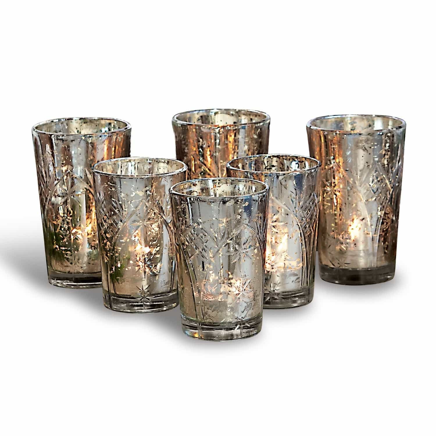 Teelichthalter 6er Set Latona Set aus sechs Glas-Teelichthaltern mit Messingeffekt und Sternmuster, Wohnaccessoire