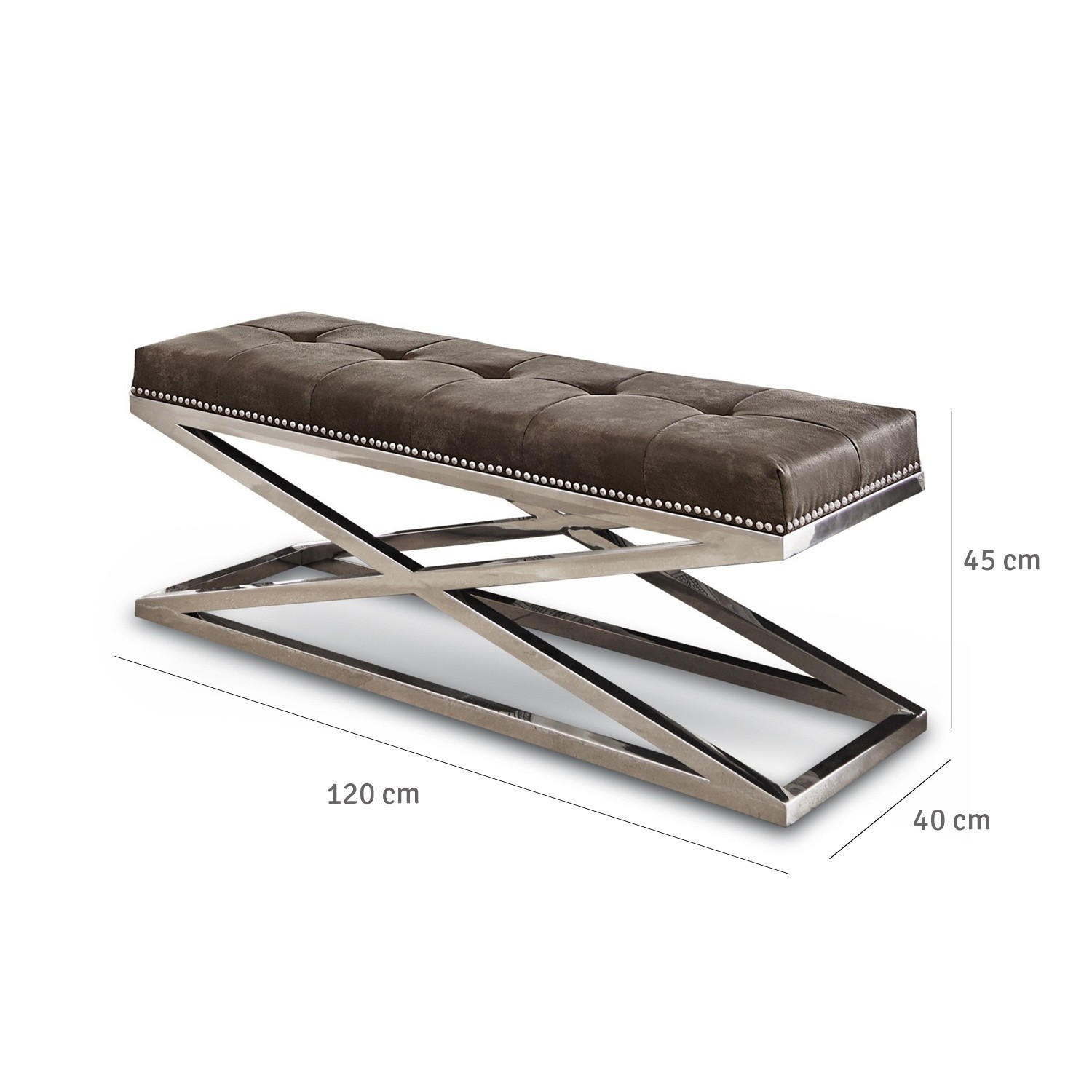 Bank mit braunem Wildlederpolster und X-förmigem Edelstahlgestell, modernes Design