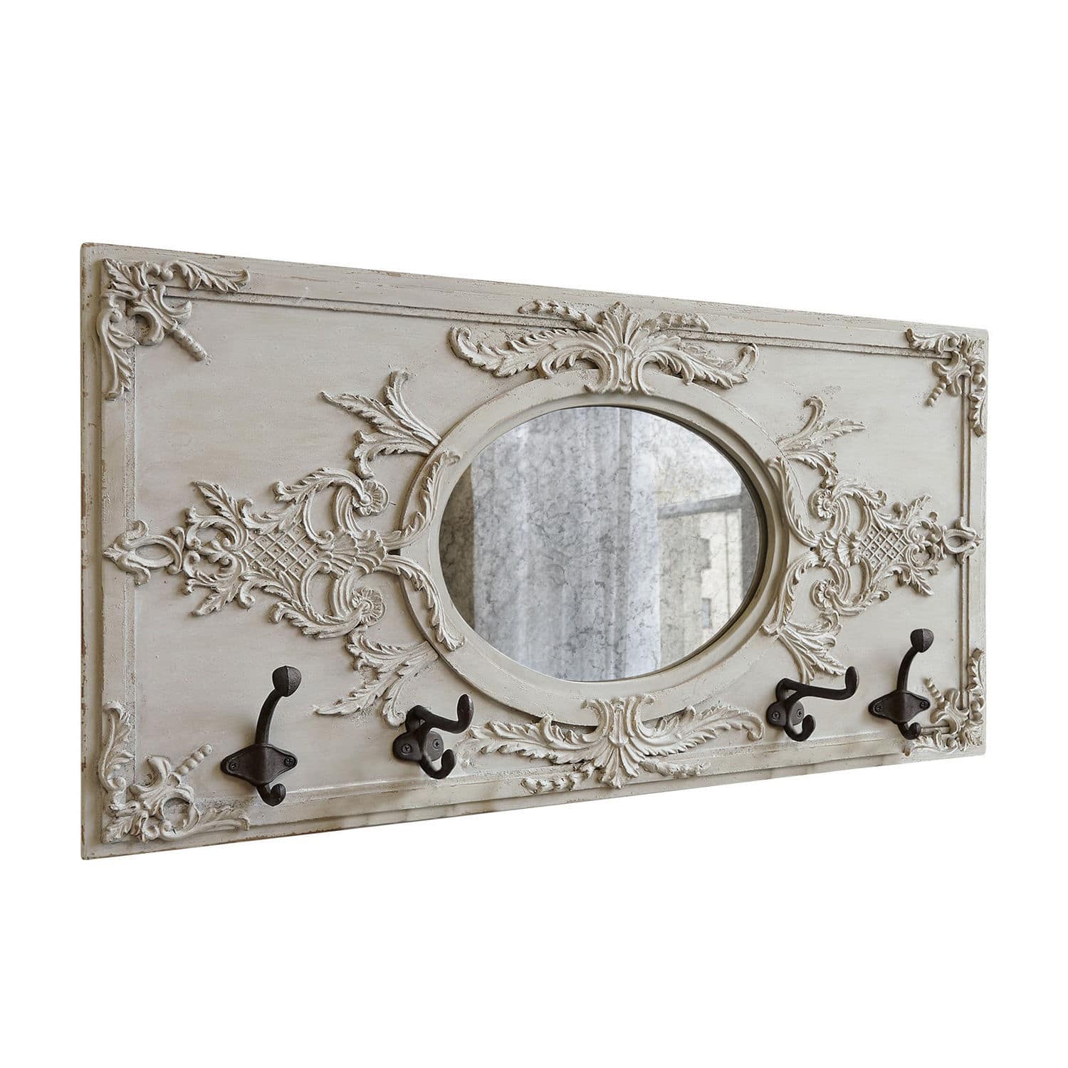 Garderobe Béatrice Verzierter Wandhaken aus Holz in Beige mit ovalem Spiegel und Metallhaken