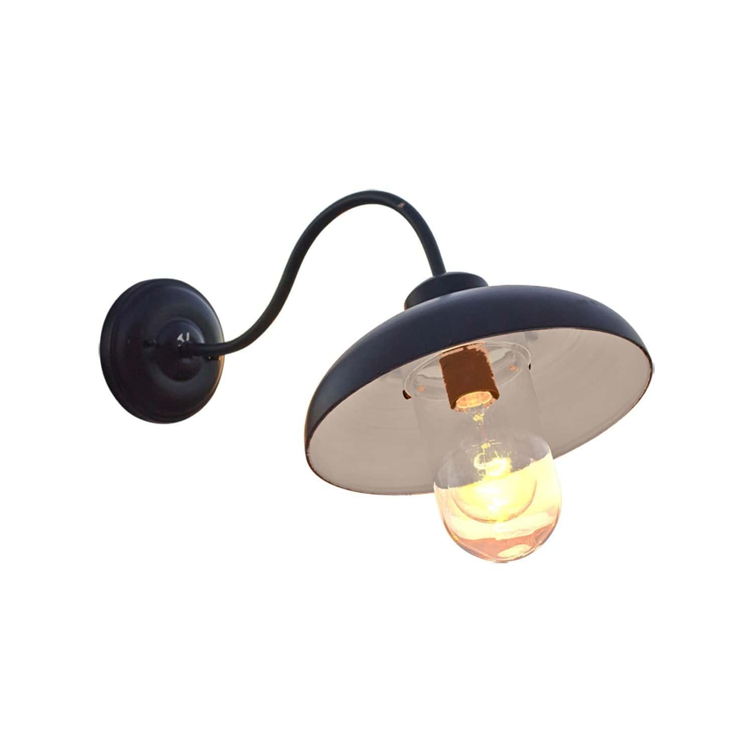 Schwarze Metall-Wandleuchte mit gebogenem Arm und Glaslampenschirm mit LED-Glühbirne