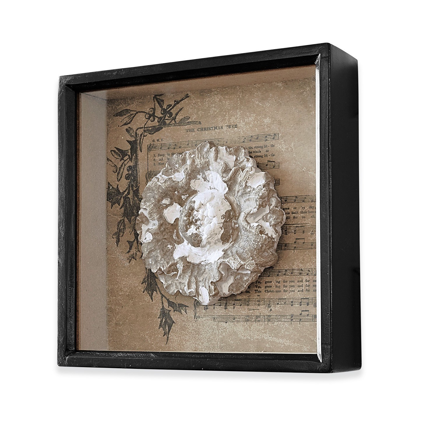 Dekorativer schwarzer Wandrahmen mit weißem Relief auf vintage Weihnachtsnoten-Hintergrund