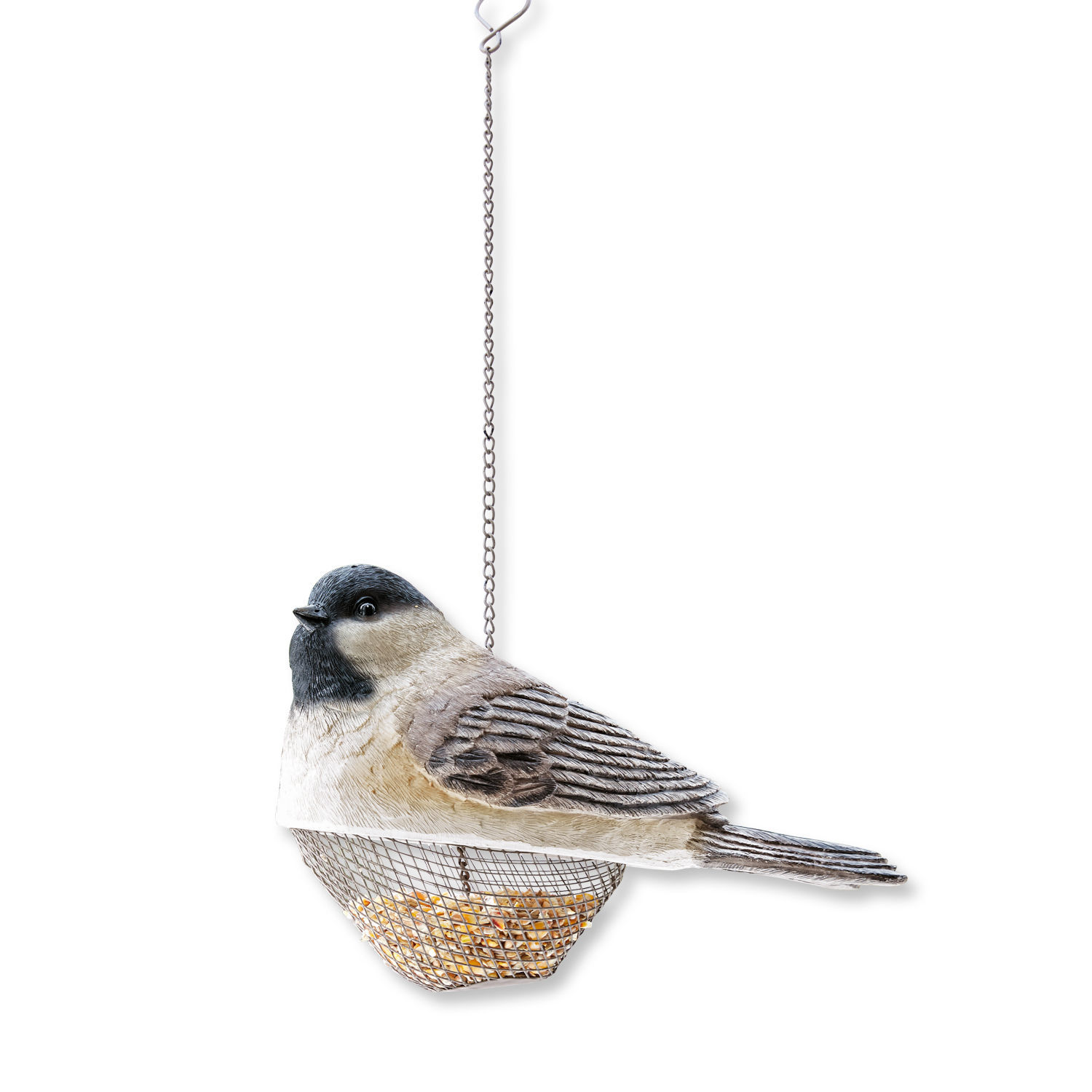 Hängender Vogelfutterspender in Form eines grauen und schwarzen Vogels mit Metallnetz für Samen