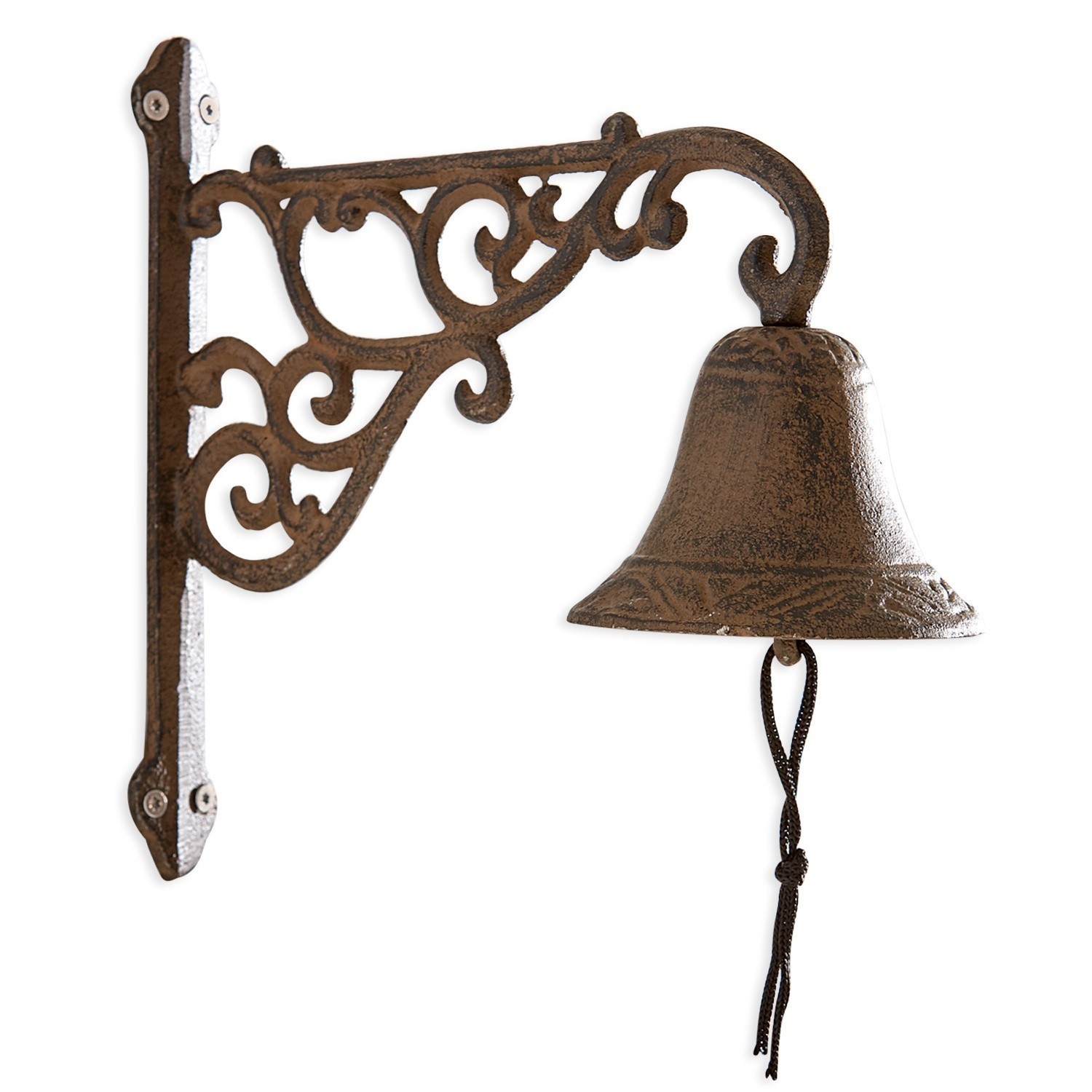 Braune Wandglocke aus Gusseisen mit dekorativem Halter und Zugkordel