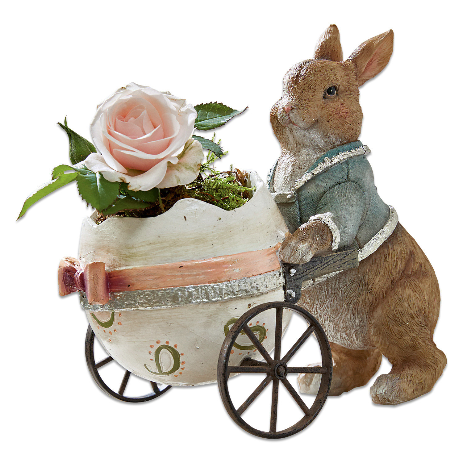 Hase Alençon Hasenfigur aus Material mit blauer Jacke schiebt Wagen mit Keramikei und rosa Rose