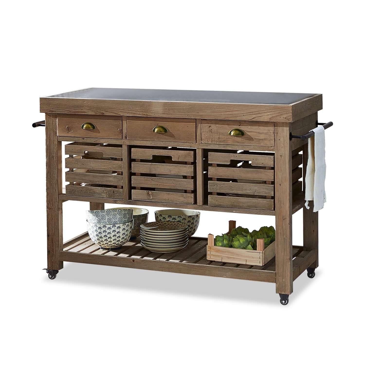 Küchenblock Haddonfield Küchenwagen aus Holz mit Schubladen und Ablagen, Metallplatte, praktisches Aufbewahrungsmöbel