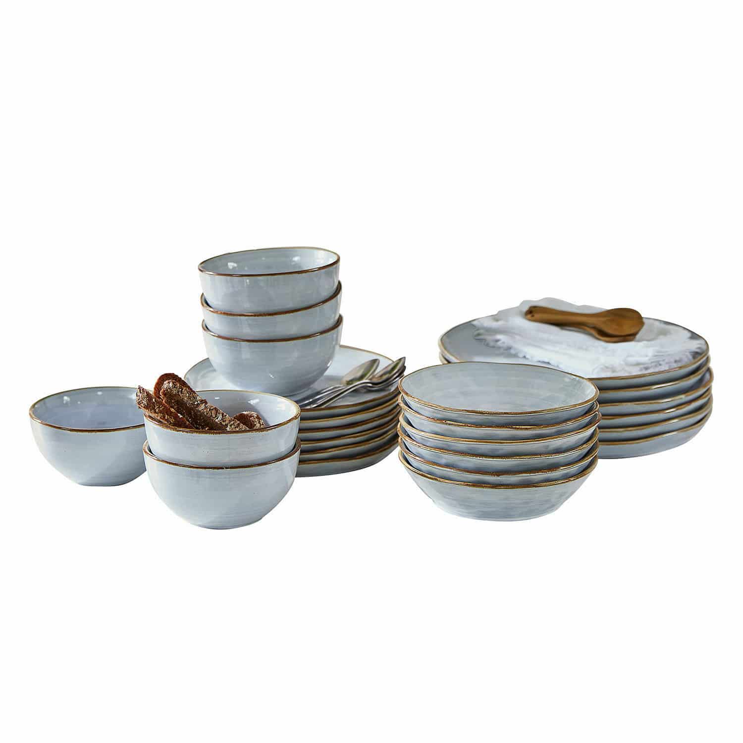 Geschirr 24er Set Veena Set aus grauem Keramikgeschirr mit braunem Rand, bestehend aus Tellern und Schalen für den Alltag