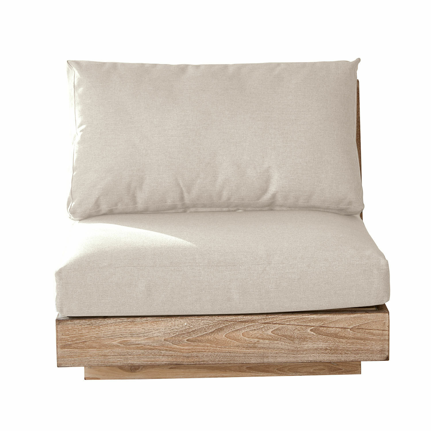 Sofaelement Courtelevant mit cremefarbenem Stoff und braunem Holzsockel für Wohnzimmer