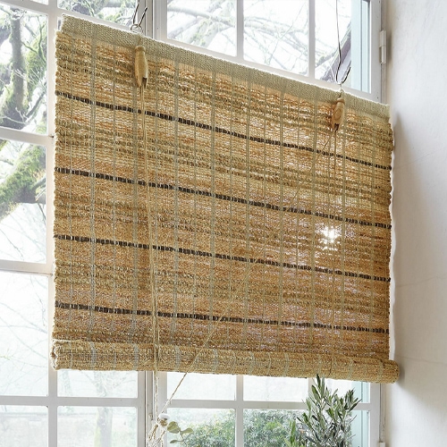 Natürliche Jute-Rollo in Beige mit schwarzen Streifen, Fensterdekoration für Wohnzimmer