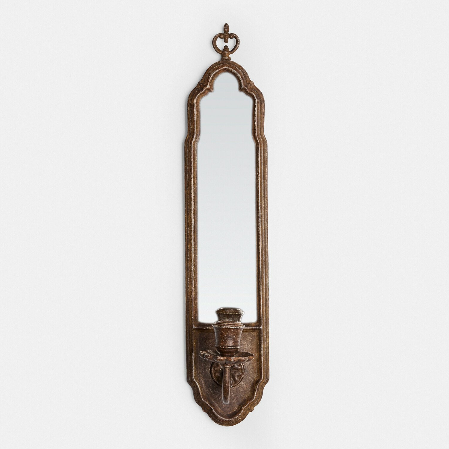 Wandkerzenhalter Halimya Schmaler Wandspiegel mit braunem Metallrahmen und Kerzenhalter im Vintage-Stil
