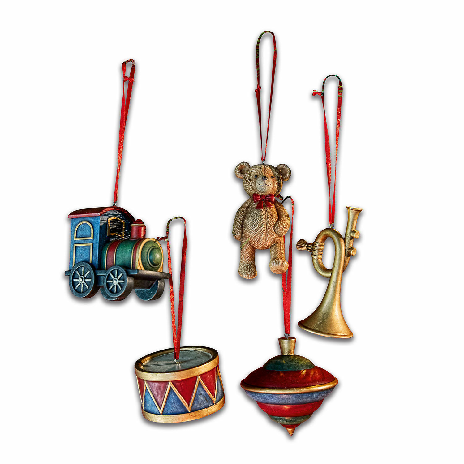 Anhänger 5er Set Dassa Set aus fünf Metall-Weihnachtsanhängern: Lokomotive, Trommel, Teddybär, Kreisel und Trompete mit roten Bändern