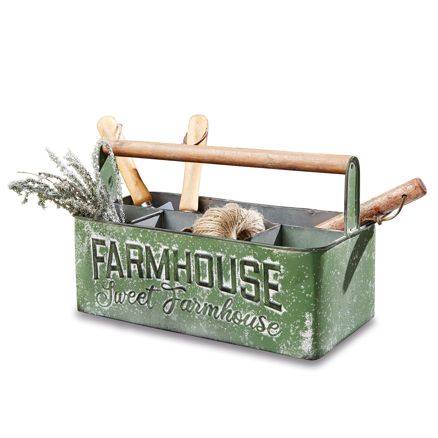 Korb Farmhouse Grüner Metall-Organizer mit Holzgriff und Aufschrift Farmhouse, gefüllt mit Gartengeräten und Schnur