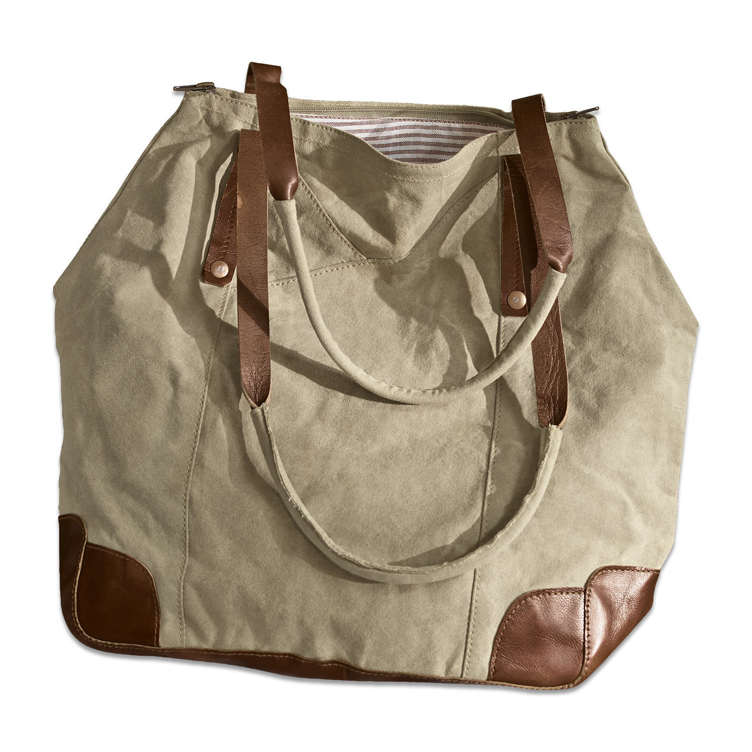 Tasche Padme Beige Canvas-Tasche mit braunen Ledergriffen und Eckverstärkungen, praktische Einkaufstasche