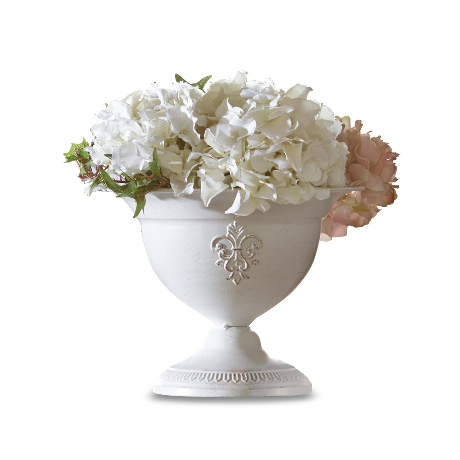 Weiße Keramikvase mit Verzierung und Hortensienblumen, stilvolle Wohnraumdekoration