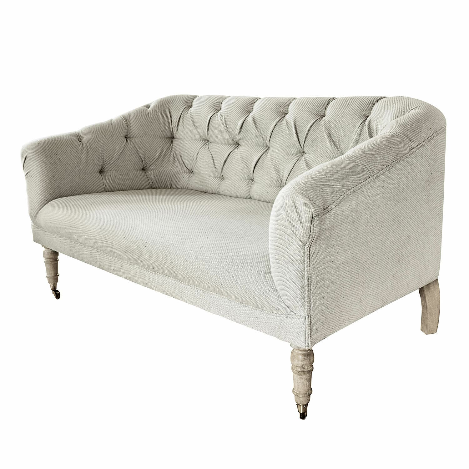 Sofa Vouilly in Creme aus Stoff mit gesteppter Rückenlehne und Holzbeinen, elegantes Wohnzimmermöbel