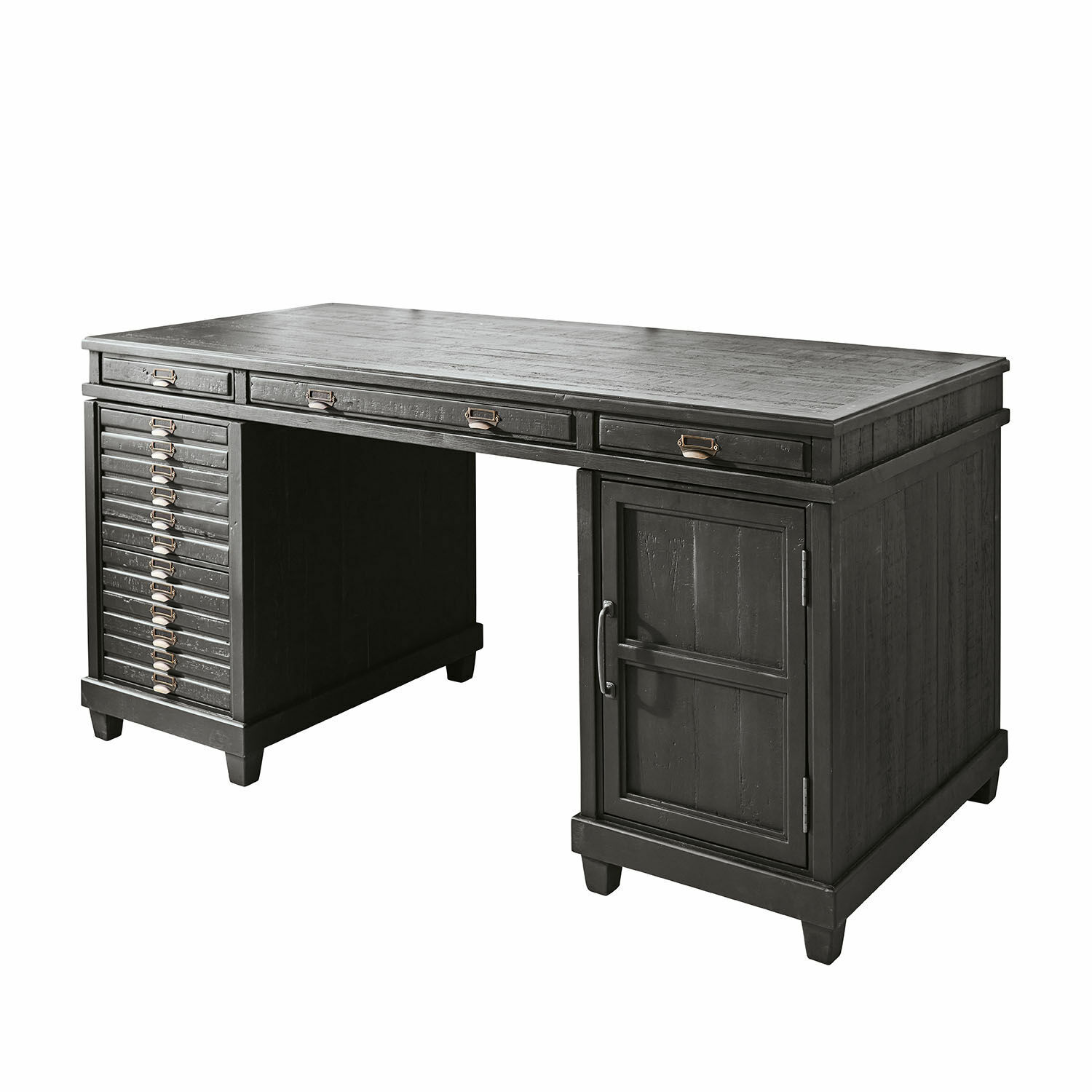 Schwarzer Holzschreibtisch mit vielen Schubladen und Schrank im Vintage-Stil