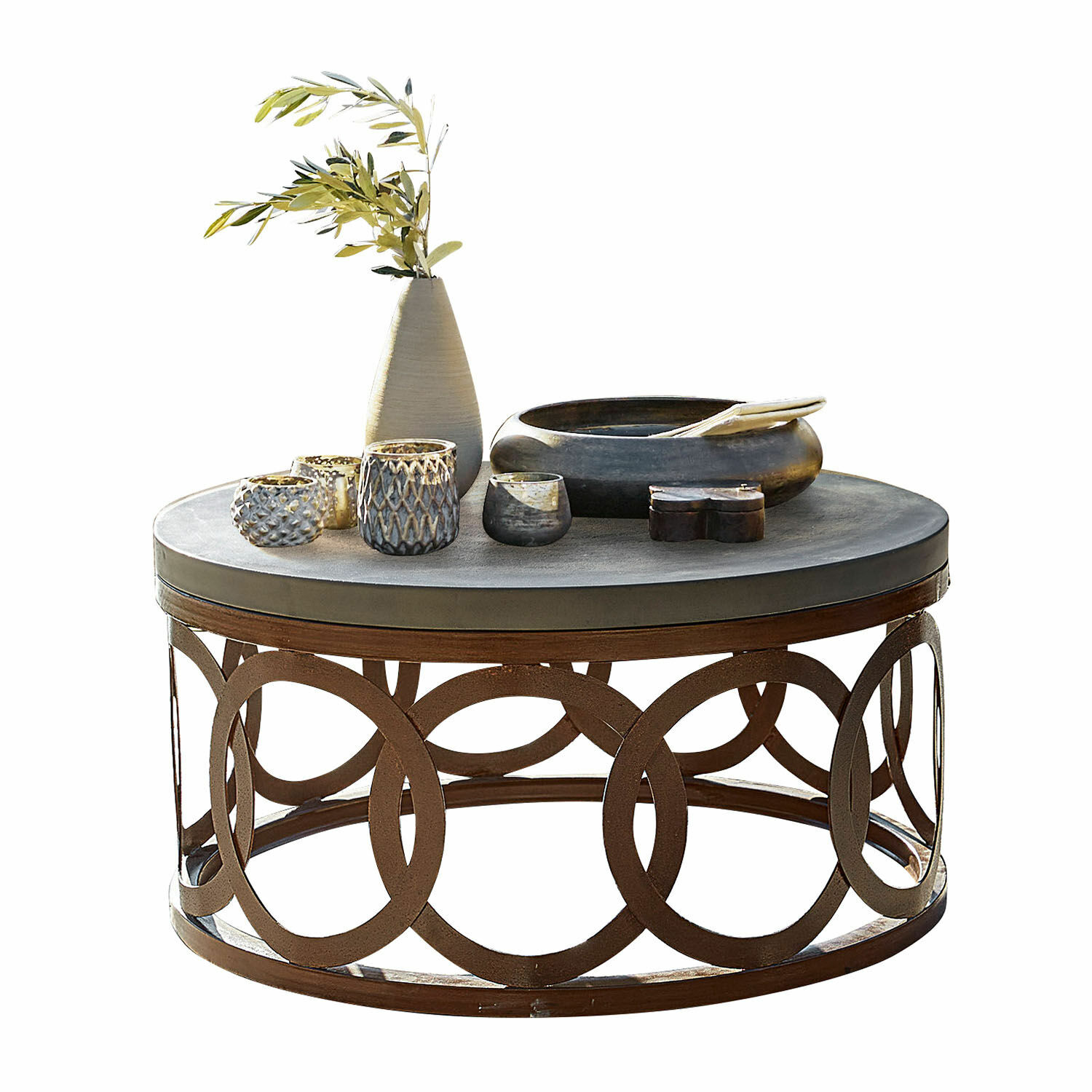 Couchtisch Boécourt Runder Couchtisch mit rostfarbener Metallbasis und Betonplatte, dekorative Accessoires oben
