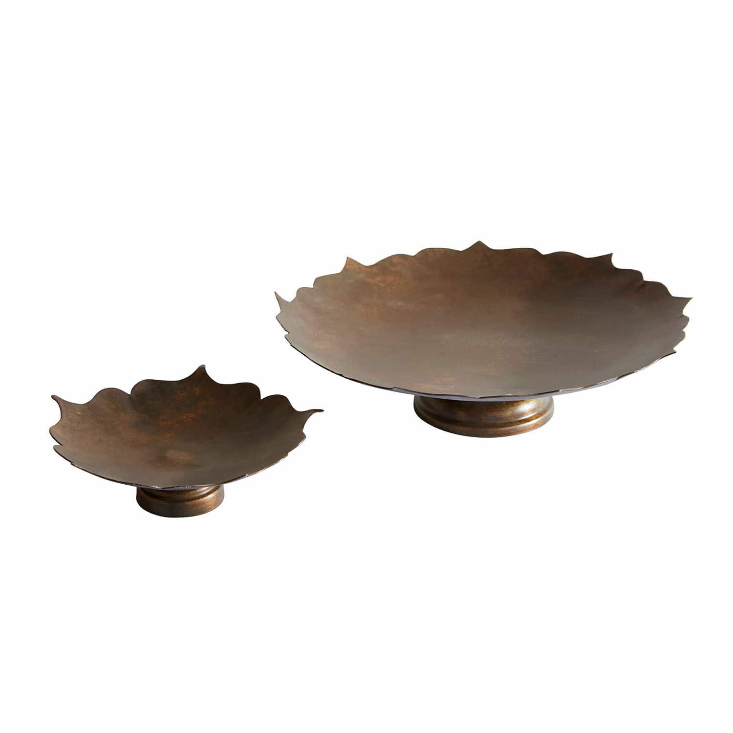Set aus zwei dekorativen Metallschalen in Kupfer mit wellenförmigen Rändern