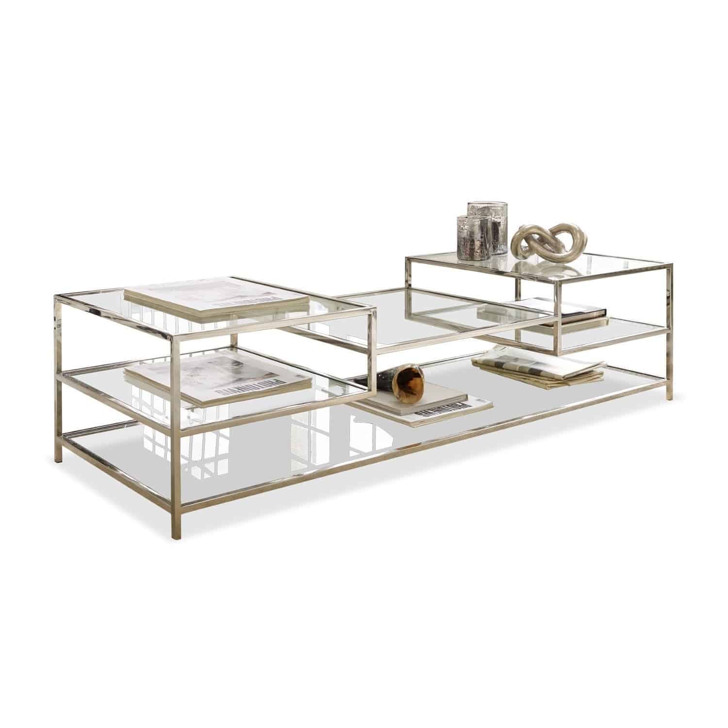 Couchtisch Byllis Moderner Couchtisch aus Glas und silbernem Metall mit Ablagen für Bücher und Dekoration