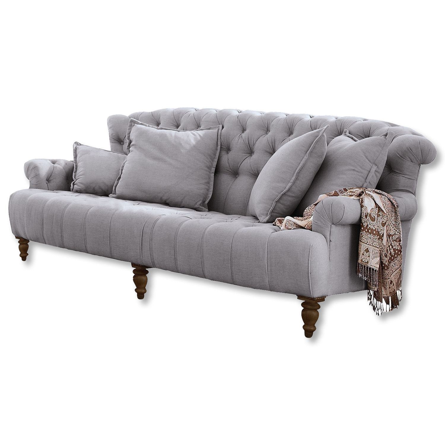 Sofa Springfield Village Grau gepolstertes Sofa aus Stoff mit gestepptem Rücken und Holzbeinen, dekorativer Schal