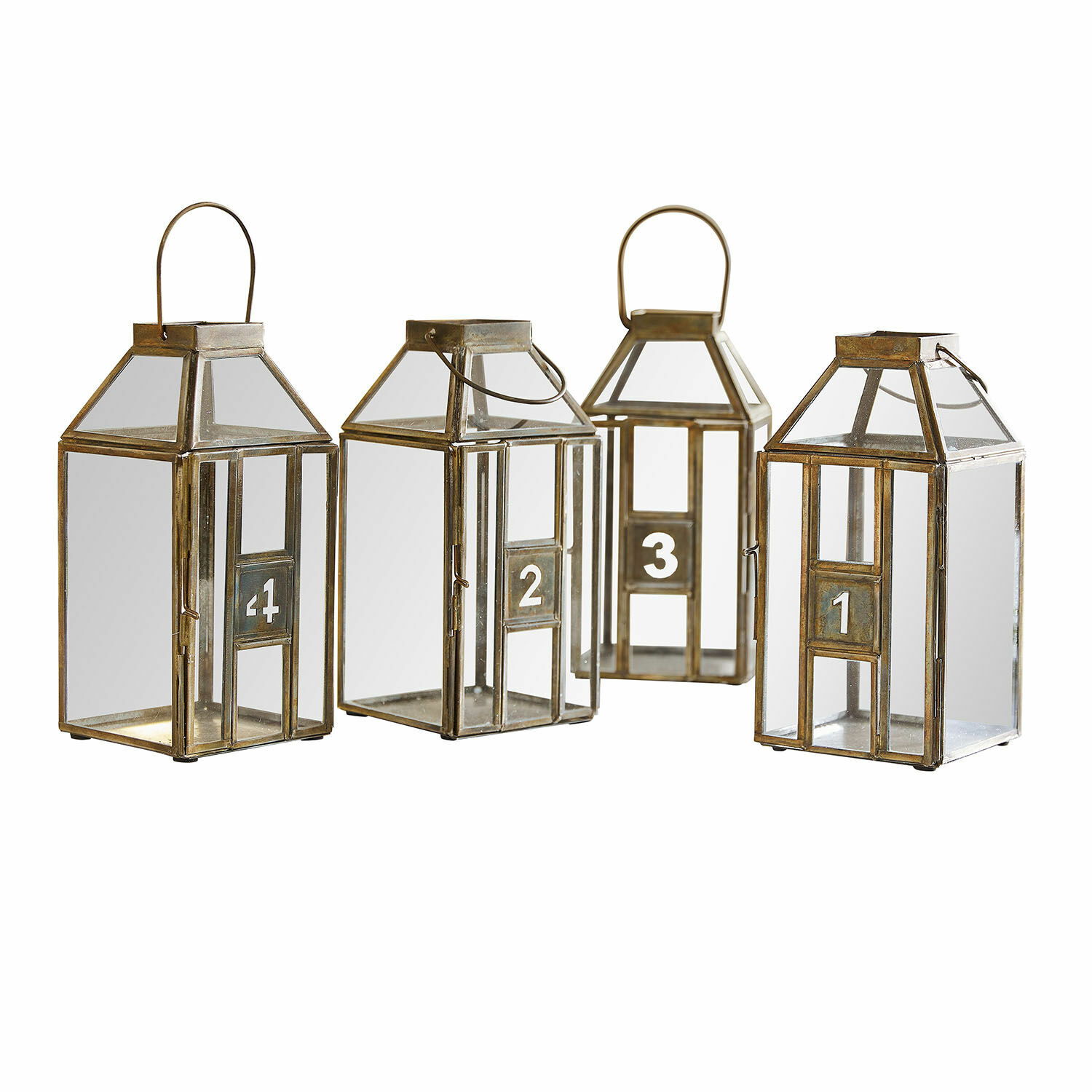 Laterne 4er Set Lythoria Set aus vier Metall-Laternen mit klarem Glas und Zahlen 1 bis 4 in messingfarbener Optik