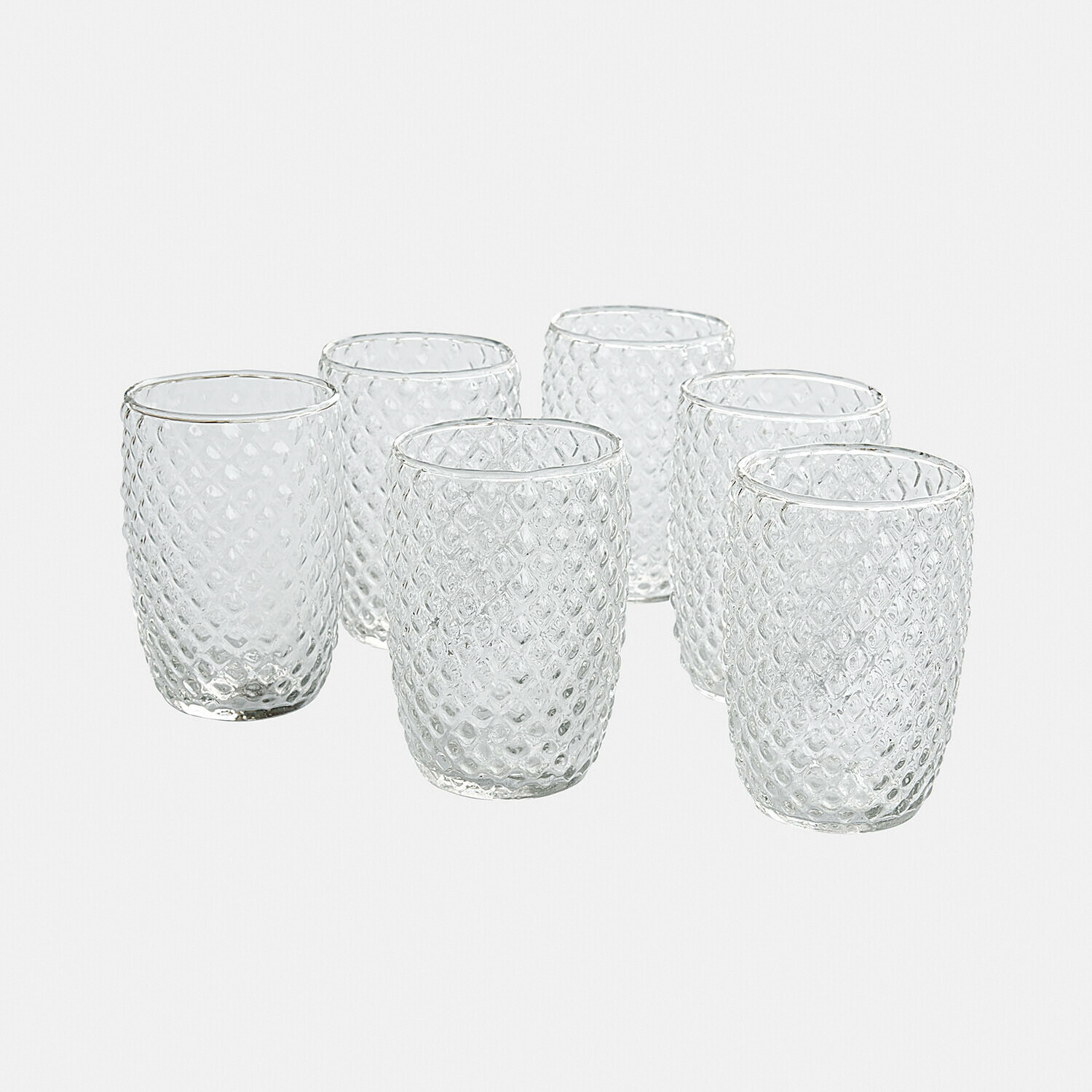Glas 6er Set Ivorias Set aus sechs transparenten Gläsern aus strukturiertem Glas mit Diamantmuster für Getränke