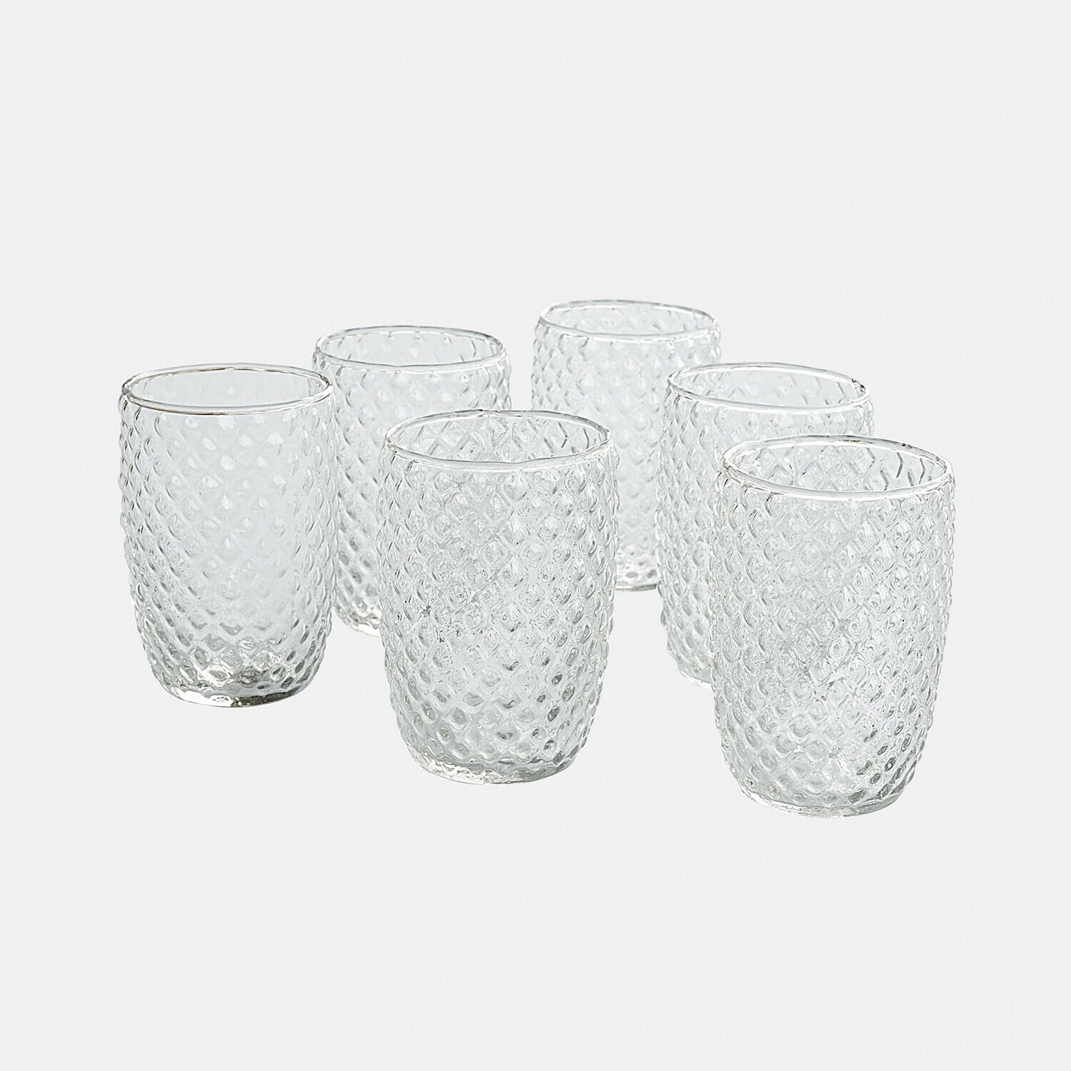 Glas 6er Set Ivorias Set aus sechs transparenten Gläsern aus strukturiertem Glas mit Diamantmuster für Getränke