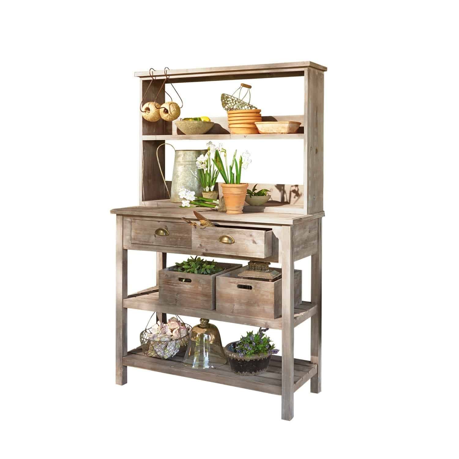 Regal Landover Holz-Gartenschrank mit Regalen und Schubladen, dekoriert mit Blumentöpfen und Gartengeräten