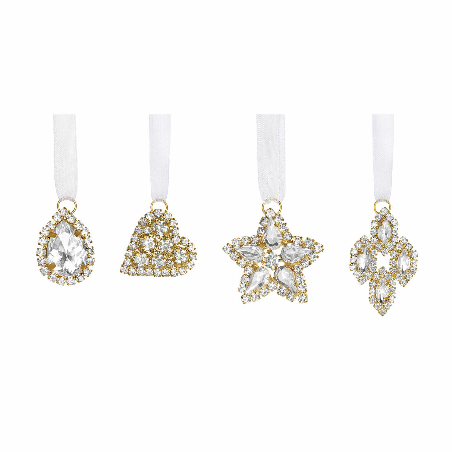 Set aus vier goldfarbenen Weihnachtsanhängern mit weißen Kristallen und weißen Bändern zum Aufhängen