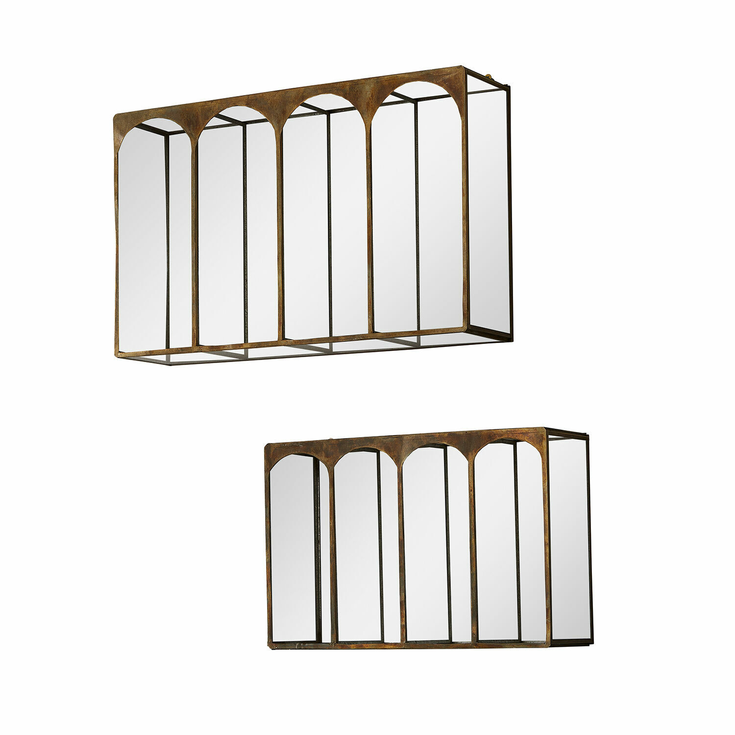 Set aus zwei Wandspiegeln mit rostfarbener Metallrahmen im Industrie-Stil zur Wohnraumdekoration