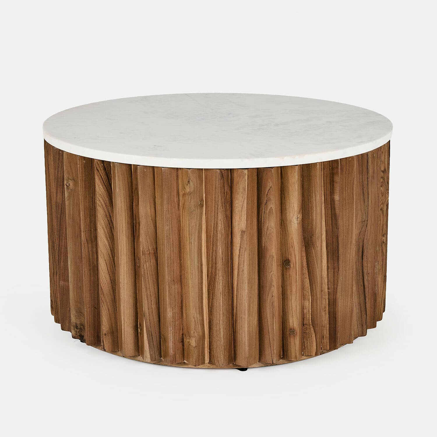 Runder Couchtisch mit weißer Marmorplatte und natürlichem Holzsockel für Wohnzimmer