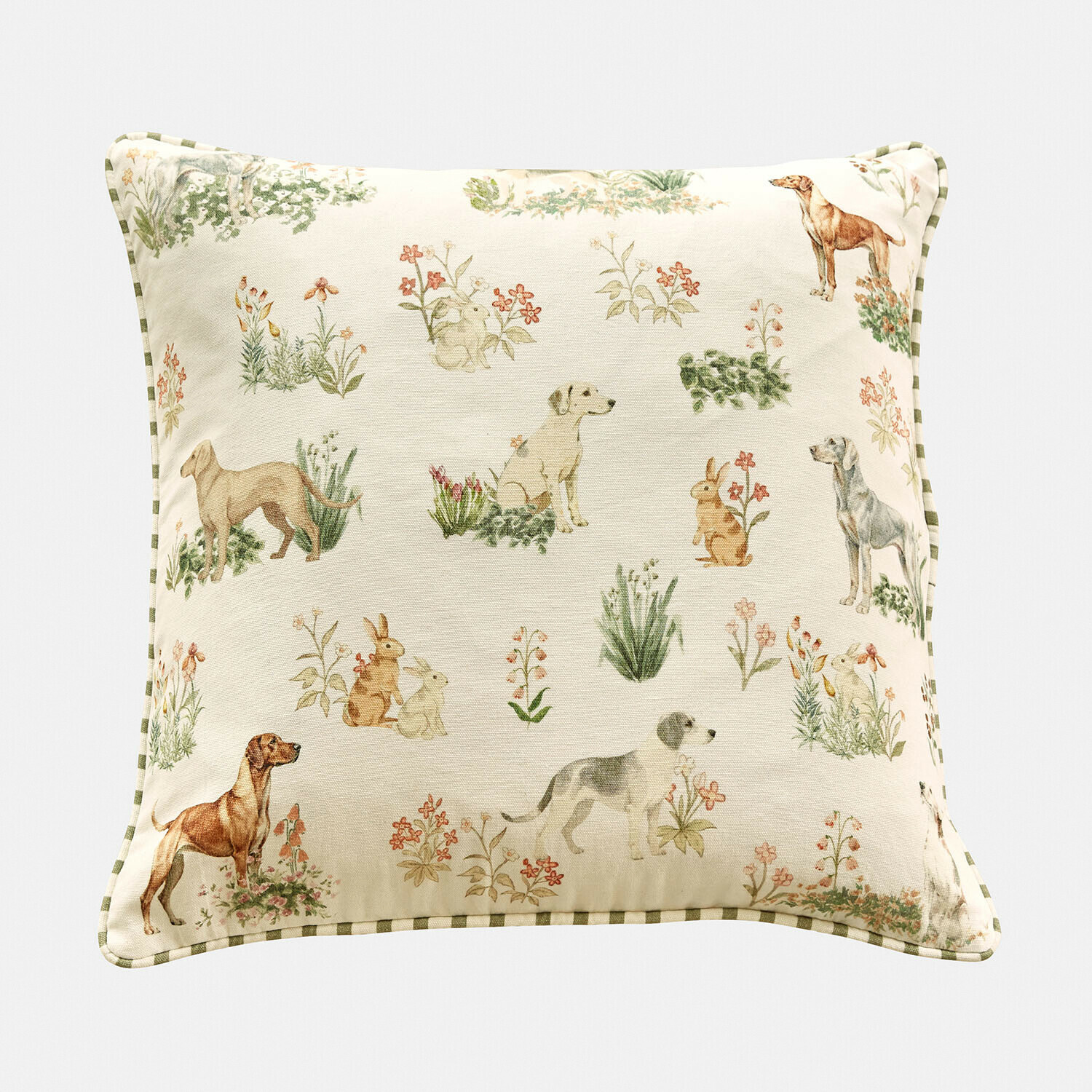 Kissenhülle Stubsi Dekoratives Baumwollkissen in Creme mit Hund-, Hasen- und Blumenmotiven für gemütliche Räume
