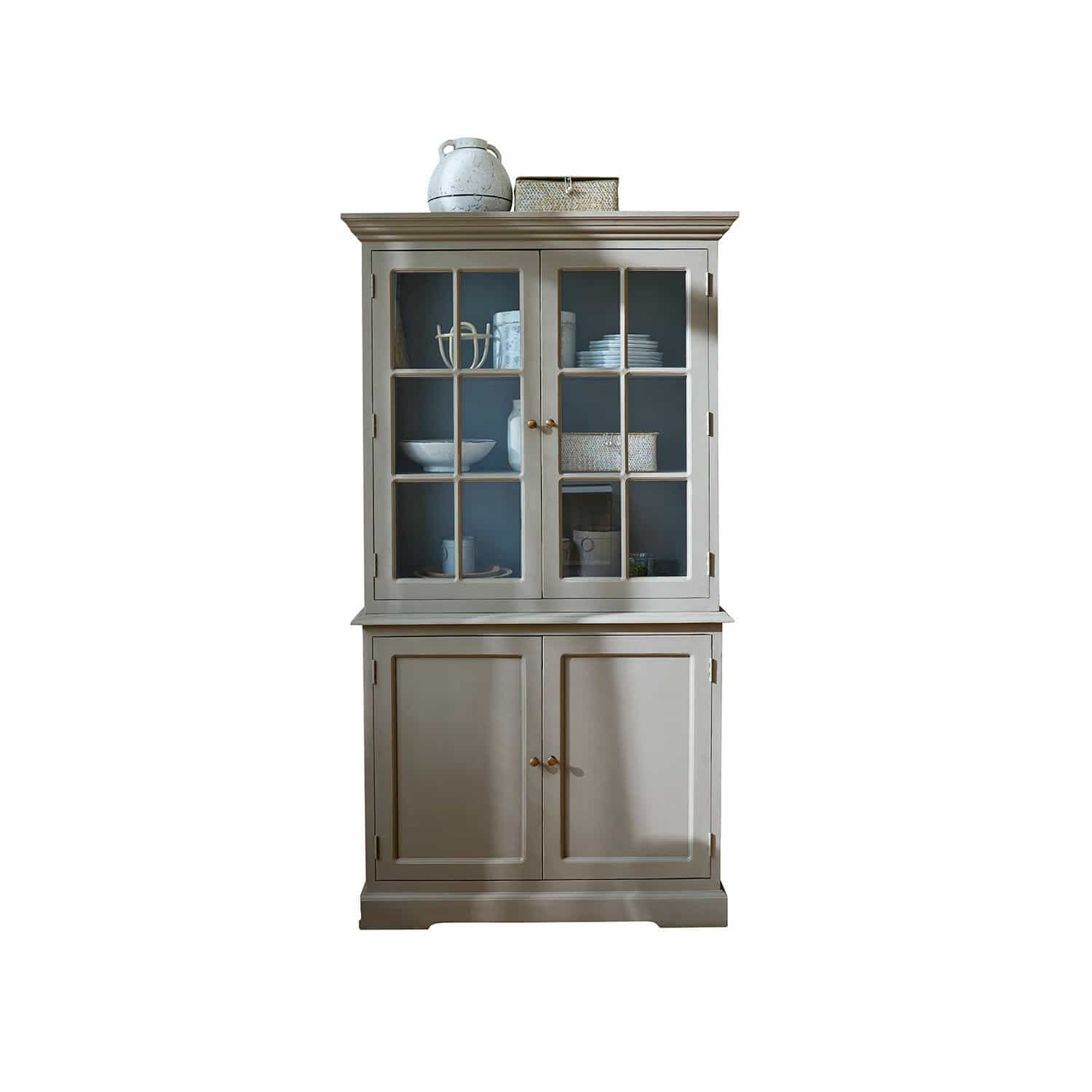 Schrank Rosebrook Grauer Holzvitrinenschrank mit Glastüren und Regalen für Geschirr, Wohnzimmermöbel