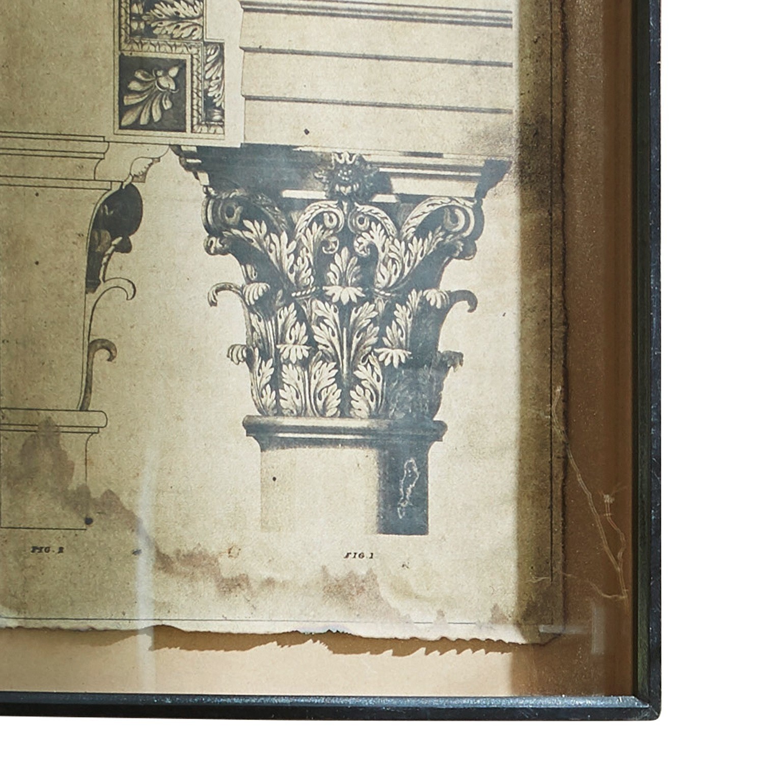 Architektonische Zeichnung einer korinthischen Säule auf gealtertem Papier im Rahmen