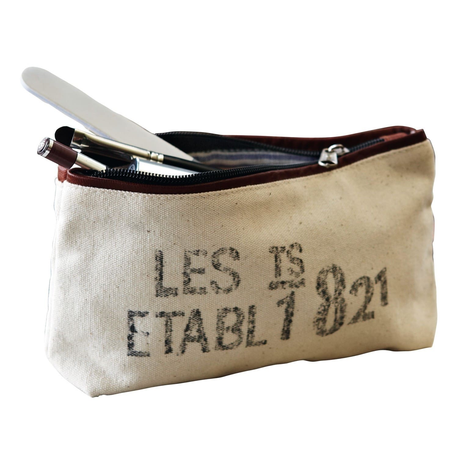 Beige Kosmetiktasche aus Baumwolle mit Reißverschluss und Vintage-Aufdruck, ideal für Make-up-Pinsel