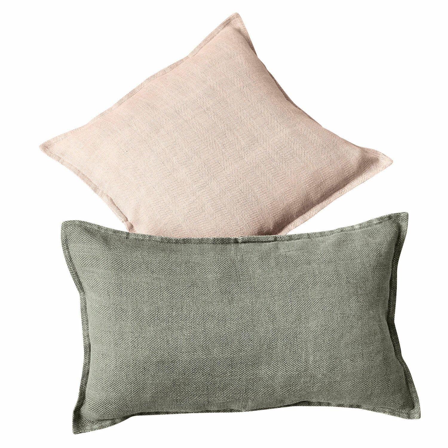 Set aus zwei dekorativen Kissen aus Stoff in Rosa und Grün, weiche Wohntextilien für Wohnzimmer