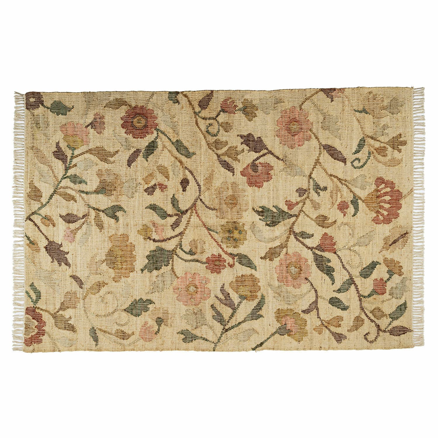 Teppich Théranelle Beigefarbener Teppich aus Naturmaterial mit floralem Muster und Fransen an den Seiten