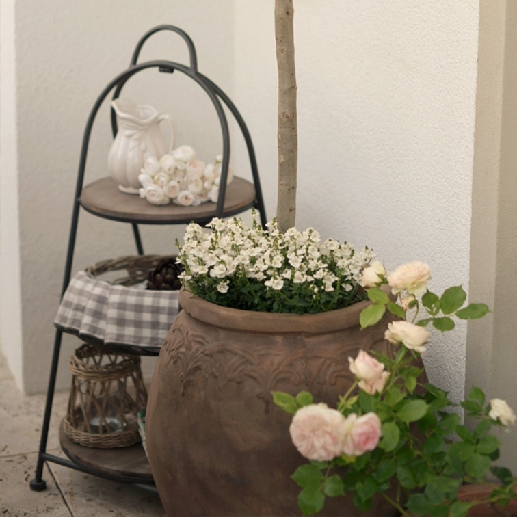 Großer Keramiktopf mit weißen Blumen und Rosen neben Metallregal mit Krug und Laterne